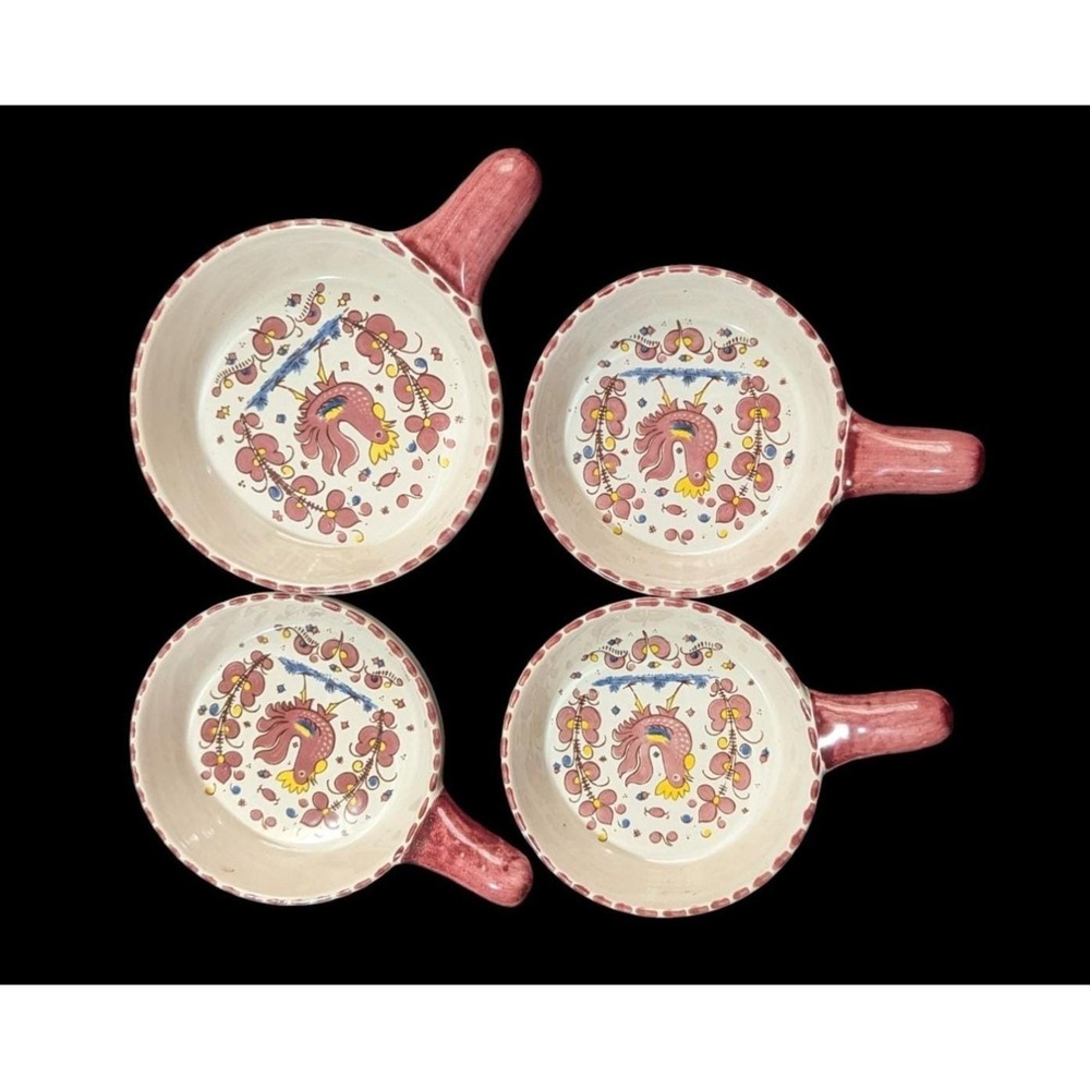 PV Peasant Village Rooster Handled Bowls Red Farmhouse Pottery‎ Set 4 Italy